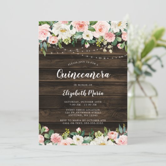 ピンク素朴のフローラ文字列ライトキンセアニェラ 招待状 (スタンド正面)