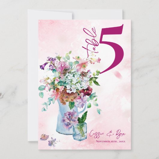 ピンク素朴のフローラ結婚のテーブル番号 サンキューカード (正面)