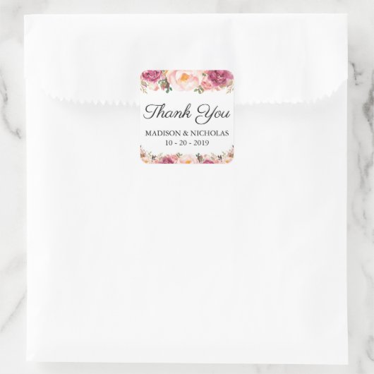 ピンク素朴のフローラ結婚ズスクエアステッカー スクエアシール (バッグ)