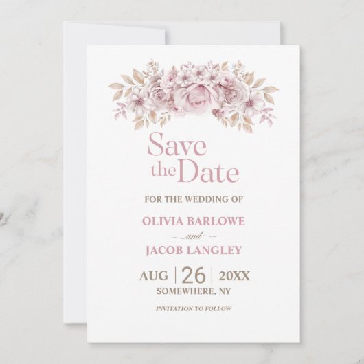 ピンク素朴のフローラ結婚式の日付を保存 招待状 (正面)