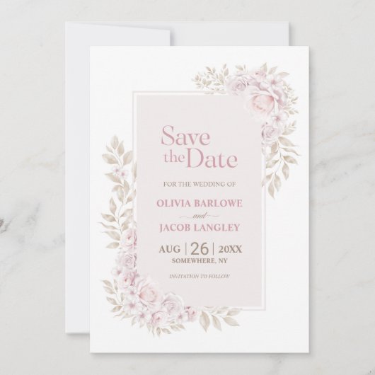 ピンク素朴のフローラ結婚式の日付を保存 招待状 (正面)
