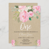 ピンク素朴のフローラ1歳の誕生日 招待状 (正面/裏面)