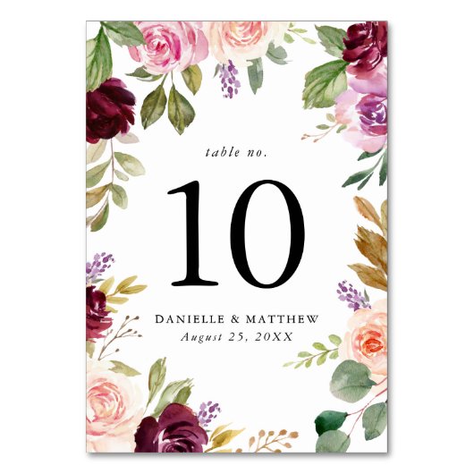 ピンク素朴のブルゴーニュとパープルのフローラ結婚ズ テーブルナンバー (裏面)
