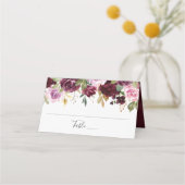 ピンク素朴のブルゴーニュとパープルのフローラ結婚ズ プレイスカード (正面)
