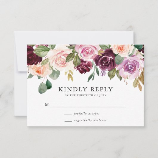 ピンク素朴のブルゴーニュとパープルのフローラ結婚ズ 出欠カード (正面)