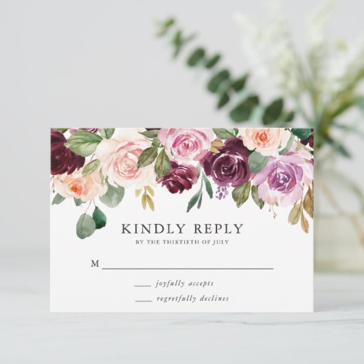 ピンク素朴のブルゴーニュとパープルのフローラ結婚ズ 出欠カード (スタンド正面)