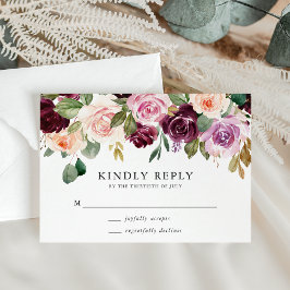 ピンク素朴のブルゴーニュとパープルのフローラ結婚ズ 出欠カード