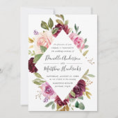 ピンク素朴のブルゴーニュとパープルのフローラ結婚ズ 招待状 (正面)