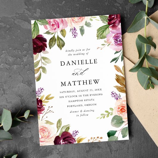 ピンク素朴のブルゴーニュとパープルのフローラ結婚ズ 招待状
