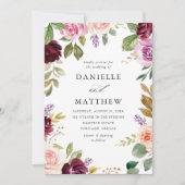 ピンク素朴のブルゴーニュとパープルのフローラ結婚ズ 招待状 (正面)