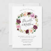 ピンク素朴のブルゴーニュとパープルのフローラ結婚ズ 招待状 (正面)
