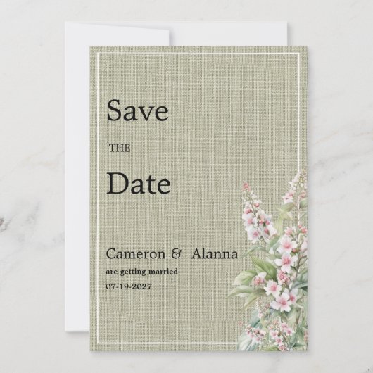 ピンク素朴のミント植物体フローラ日付を保存 招待状 (正面)