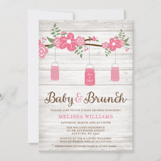 ピンク素朴のメイソンジャールガールブルンチベビーシャワー 招待状 (正面)