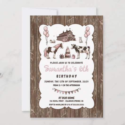 ピンク素朴の動物の誕生日パーティーへの招待 招待状 (正面)