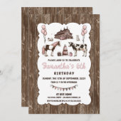 ピンク素朴の動物の誕生日パーティーへの招待 招待状 (正面/裏面)