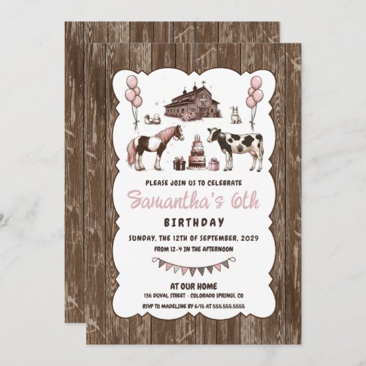 ピンク素朴の動物の誕生日パーティーへの招待 招待状 (正面/裏面)