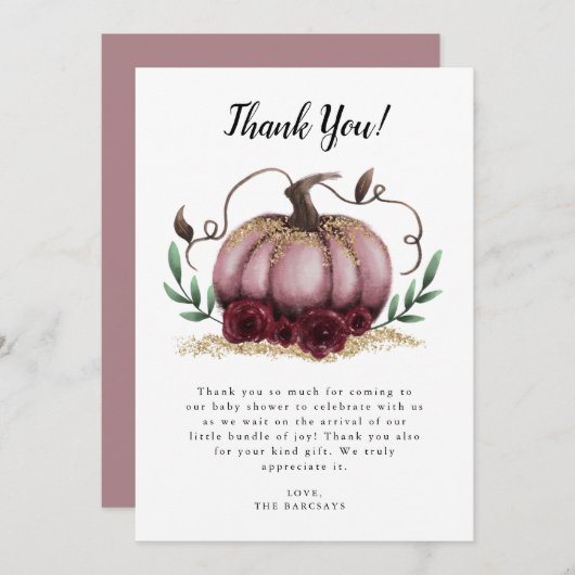ピンク素朴の小さなカボチャのベビーシャワー サンキューカード (正面/裏面)