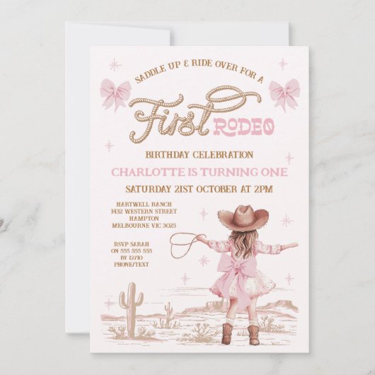 ピンク素朴の弓ガールズファーストRodeo 1st誕生日 招待状 (正面)