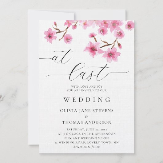 ピンク素朴の春さくらんぼが最後に咲き結婚出す 招待状 (正面)