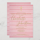 ピンク素朴の木製文字最初の聖餐式 招待状 (正面/裏面)