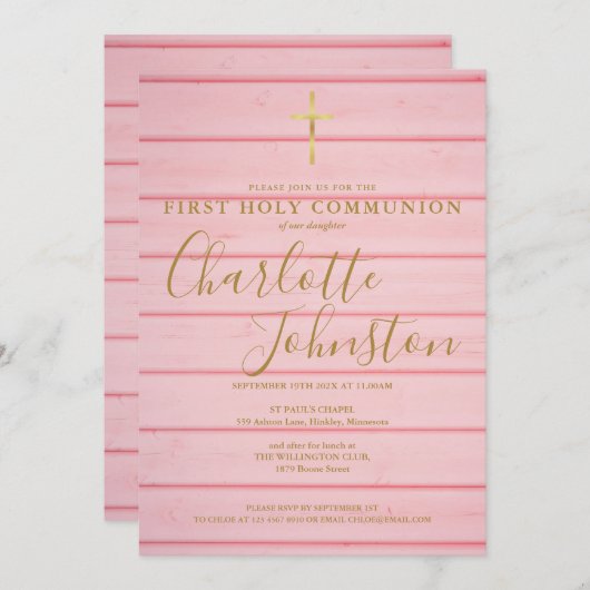 ピンク素朴の木製文字最初の聖餐式 招待状 (正面/裏面)