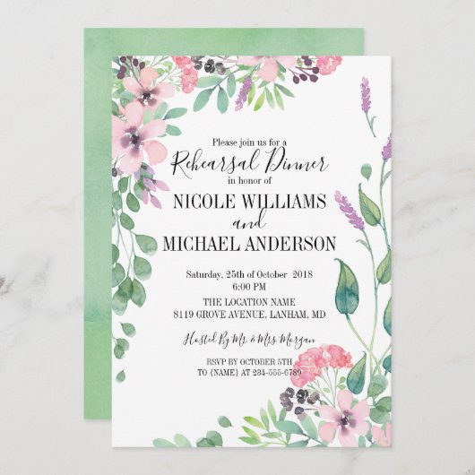 ピンク素朴の水の色のブーケのリハーサルディナー 招待状 (正面/裏面)