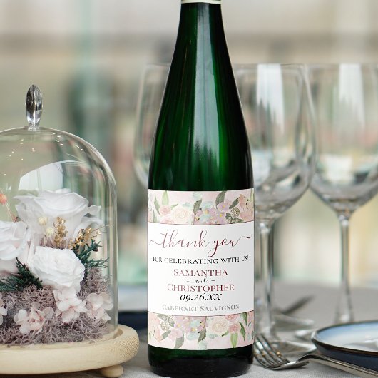 ピンク素朴の水彩フローラありがとうござ結婚う ワインラベル