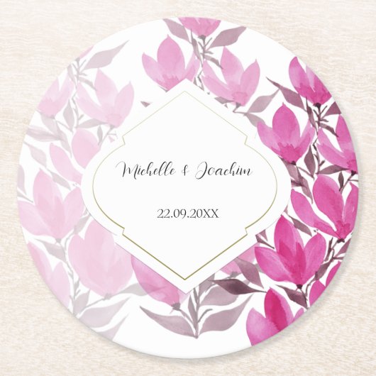 ピンク素朴の水彩フローラハンドハ絵を描ンド ラウンドペーパーコースター (正面)
