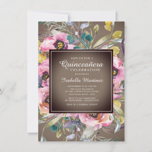 ピンク素朴の水色フローラブラウンキンセアニラ 招待状 (正面)