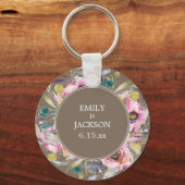 ピンク素朴の水色フローラブラウン結婚ズ キーホルダー (正面)