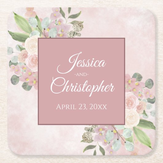 ピンク素朴の水色フローラボヘミアン結婚ズ スクエアペーパーコースター (正面)