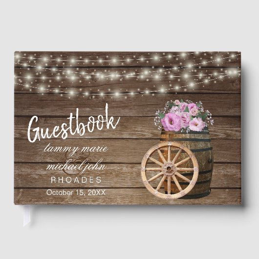 ピンク素朴の花のゲストブック付き木製バレル ゲストブック (正面)