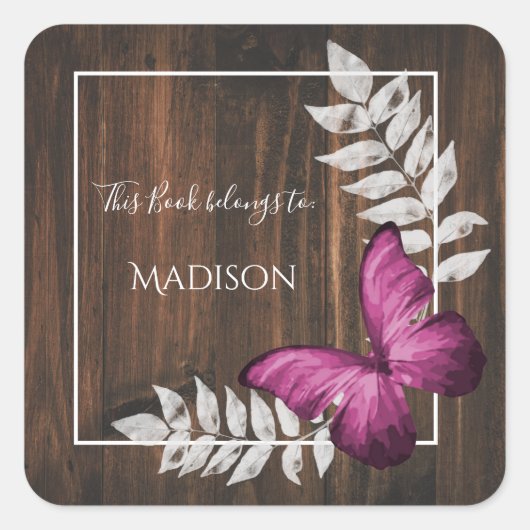 ピンク素朴の蝶の本シール スクエアシール (正面)