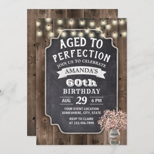 ピンク素朴の赤ちゃんの息のメイソンジャー60誕生日 招待状 (正面/裏面)