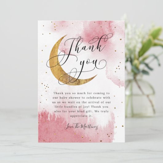 ピンク素朴の金ゴールドムーンスターズ赤ちゃんシャワー サンキューカード (スタンド正面)