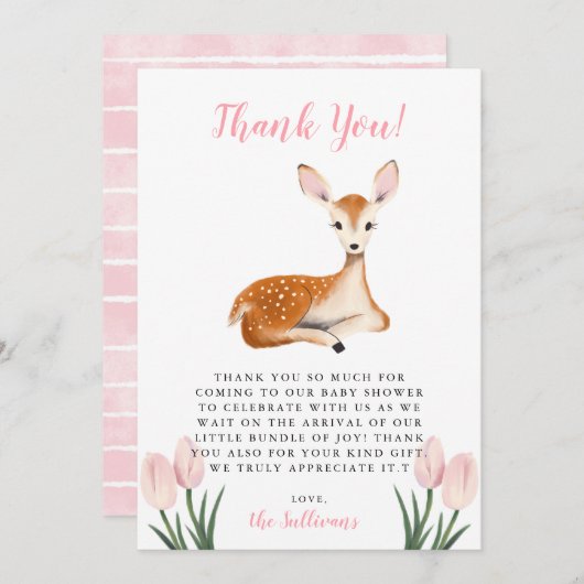 ピンク素朴の鹿の赤ちゃんシャワー サンキューカード (正面/裏面)