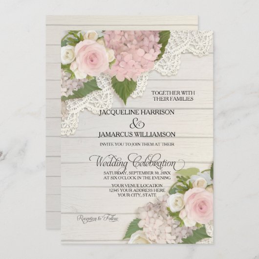 ピンク素朴アジサイのカントリーレース結婚ウッド 招待状 (正面/裏面)