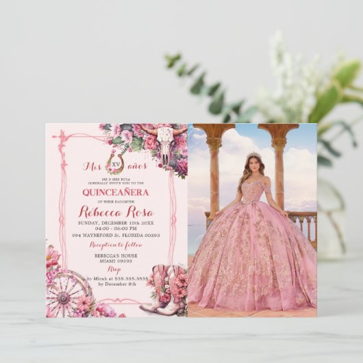 ピンク素朴ウエスタンチャラテーマキンセアニェラ写真 招待状 (スタンド正面)