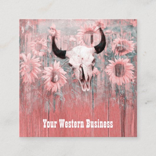 ピンク素朴ウエスタンブルスカルヒマワリ スクエア名刺 (正面)
