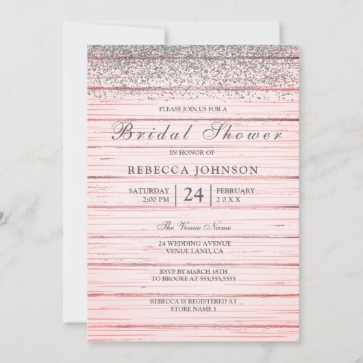ピンク素朴ウッドシルバーグリッターブライダルシャワー 招待状 (正面)