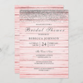 ピンク素朴ウッドシルバーグリッターブライダルシャワー 招待状 (正面/裏面)