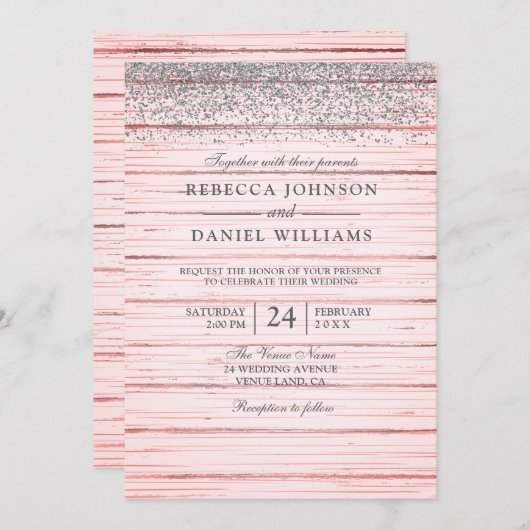 ピンク素朴ウッドシルバーグリッター結婚式の招待 招待状 (正面/裏面)