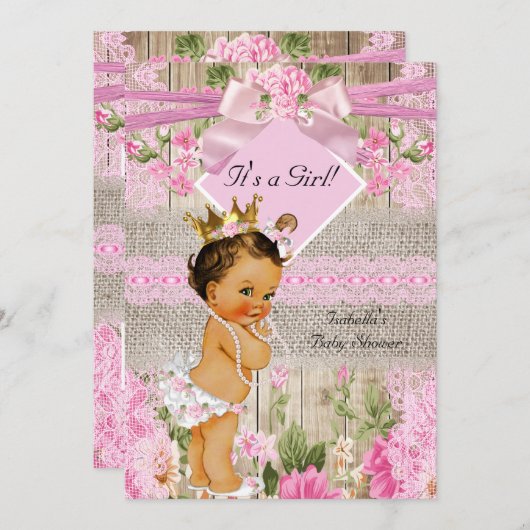 ピンク素朴ウッドバーラップガールベビーシャワーブルネット 招待状 (正面/裏面)