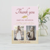 ピンク素朴エレガントオーナメント2写真卒業 サンキューカード (スタンド正面)