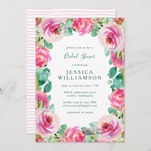 ピンク素朴ガーデンバラフローラブライダルシャワー 招待状 (正面/裏面)