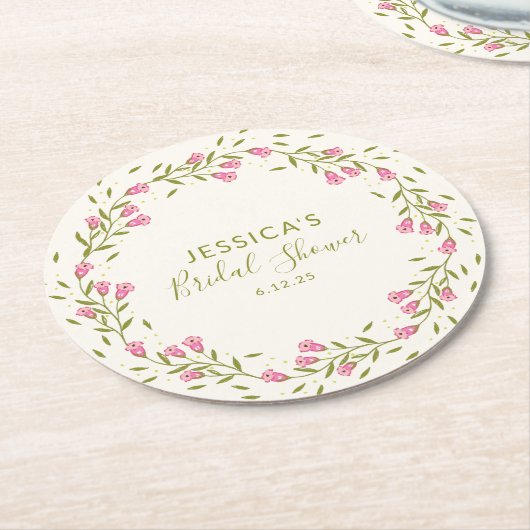 ピンク素朴ガーデンフラワーズカスタムブライダルシャワー ラウンドペーパーコースター (アングル)