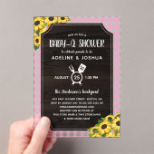 ピンク素朴ギンガムサンフラワーガールベビー-Qシャワー アクリル招待状 (インサイチュ (ポータブル))