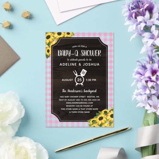 ピンク素朴ギンガムサンフラワーガールベビー-Qシャワー アクリル招待状 (インサイチュ (ウェディング))