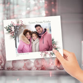 ピンク素朴ギンガムプレイドフローラホリデーフォト シーズンカード