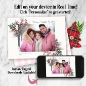 ピンク素朴ギンガムプレイドフローラホリデーフォト シーズンカード